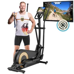 Mann hält eine Medaille und steht neben einem Ellipsentrainer. Ein Bildschirm zeigt eine Laufstrecke in der Natur an.