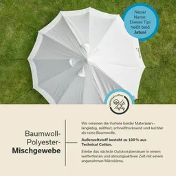 Ein weißes Zelt mit acht Segmenten steht auf grünem Gras. Text beschreibt die Eigenschaften des Materials und den neuen Namen "Jatuni".