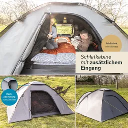 Zelt mit Schlafkabine, innen mit Matratzen und Kissen, außen eine Zeltansicht mit Stuhl und Tisch im Hintergrund.