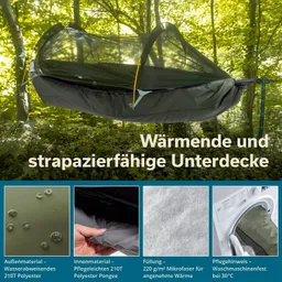 Hängende Unterdecke in der Natur, umgeben von Bäumen. Textelemente zu Materialien und Pflegehinweisen.