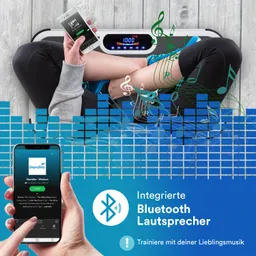 Bluetooth Lautsprecher mit Smartphone, Person mit Sportbekleidung, abstrahierte Musiknoten und grafische Elemente.