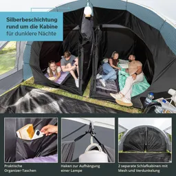 Zelt mit zwei getrennten Schlafkabinen, einer Lampe und Organizer-Taschen. Personen liegen auf Matratzen und lesen.