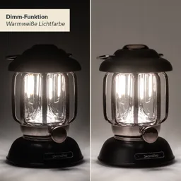 Tischlampe mit dimmbarer warmweißer Lichtfarbe. Linke Seite zeigt Lampenlicht, rechte Seite ist gedimmt. Marke: Skandika.