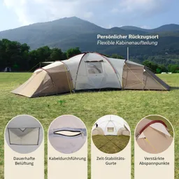 Zelt auf einer grünen Wiese mit Bergen im Hintergrund. Details zu den Eigenschaften des Zeltes sind abgebildet.