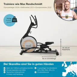 Ein Heimtrainer von Skandika mit technischen Details, daneben eine Person mit Medaille. Hintergrund in hellem Raum.