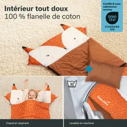 Kindermatratze in Tierdesign mit Fuchs-Anleitung und Kissen, auf Teppich. Waschsymbol und Herstellerlogo sichtbar.