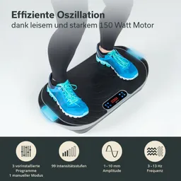 Vibrationsplatte mit digitalen Anzeige-Elementen. Person steht mit blauen Sportschuhen darauf.