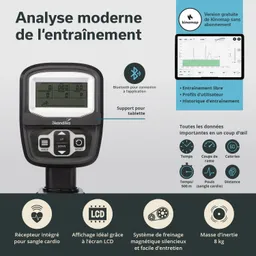 Display eines Trainingsgeräts mit LCD-Bildschirm, Tasten für Einstellungen, Bluetooth-Symbol und Tablettenhalterung.
