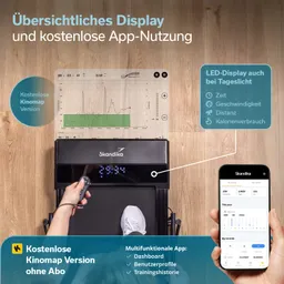 Laufband mit LED-Display, das Zeit, Geschwindigkeit, Distanz und Kalorienverbrauch anzeigt. Smartphone mit App-Dashboard abgebildet.