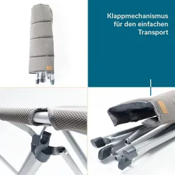 Klappstuhl mit grauem Bezug und Metallgestell, Detailansichten des Klappmechanismus und der Füße.