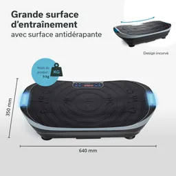 Vibrationsplatte mit rutschfester Oberfläche und digitalem Display. Abmessungen: 640 mm x 350 mm. Gewicht: 9 kg.