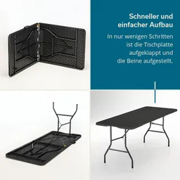Faltbare, schwarze Tischplatte in drei Phasen: gefaltet, halb geöffnet und vollständig aufgestellt mit Gestell.