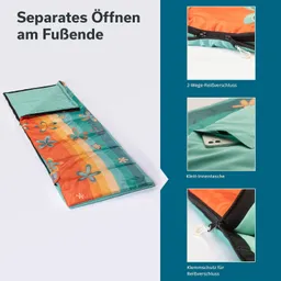 Schlafsack mit buntem Muster in Orange und Grün, gezeigt mit 2-Wege-Reißverschluss, Klett-Innentasche und Klemmerschutz.
