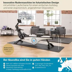 Rudermaschine in modernem Design auf einer Bodenschutzmatte, im Hintergrund eine Sitzecke mit zwei grauen Sessel.