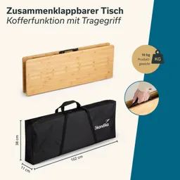 Zusammenklappbarer Tisch in zwei Positionen: gefaltet und in einer Tragetasche. Maße und Gewichtsangabe sind sichtbar.