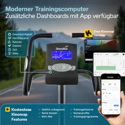 Ein Mann steht an einem Fitnessgerät in einem hellen Raum. Das Gerät hat eine schwarze Konstruktion mit einer runden, goldenen Verkleidung. Im Hintergrund sind Möbel und Dekoration sichtbar.