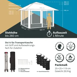 Grafik eines Pavillons mit Maßen, Aufbauzeit von 1 Minute und Details zur Tragetasche und Zubehörteilen.