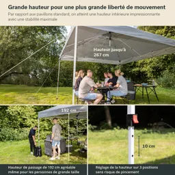 Ein überdachter Tischbereich im Freien mit mehreren sitzenden Personen. Dazu ein Stehtisch mit einem Mann, der Ausrüstung vorbereitet.