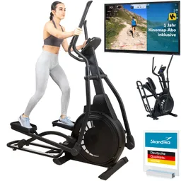 Ein Trainingsgerät (Ellipsentrainer) mit einer Person in sportlicher Kleidung, die darauf steht. Im Hintergrund ein Bildschirm mit einer Laufstrecke und einem Angebot.