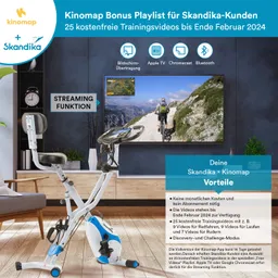 Ein Fitnessgerät steht im Vordergrund, daneben ein Fernseher, der einen Radfahrer in einer Naturlandschaft zeigt. Es gibt Texte zu Kinomap und Skandika, die Vorteile und Funktionen hervorheben.