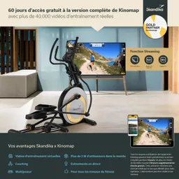 Fitnessgerät mit Holzdetails steht im Vordergrund, Hintergrund zeigt einen Fernseher mit einem Landschaftstraining. Textinformationen über ein Angebot sind darunter.