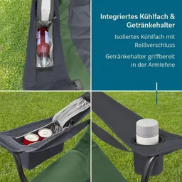 Faltstuhl in verschiedenen Ansichten mit isoliertem Kühlfach und Getränkehalter in der Armlehne, auf Rasen platziert.