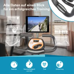 Das Bild zeigt ein Fitnessgerät mit einer Konsole, auf der verschiedene Trainingsdaten wie Herzschläge, Entfernung, Kalorien und Geschwindigkeit angezeigt werden.