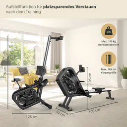Rudergerät in einem hellen Raum, neben einer Couch mit Kissen. Maße und Benutzerinformationen sind sichtbar.