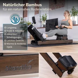 Rudergerät aus Bambus mit Person, die trainiert. Braun-schwarze Elemente und moderne Ausstattung in einem hellen Raum.