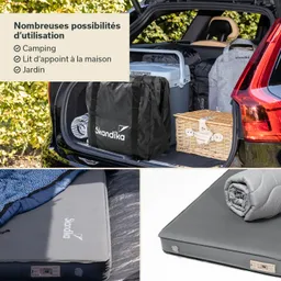 Kofferraum eines Autos mit verschiedenen Gegenständen: einer Tasche, einer Kühlbox, einer Picknickkiste und einer Matratze.