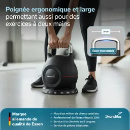 Gewicht mit ergonomischem Griff, auf einem Fitnessboden abgestellt. Neben infos über die Marke Skandika.