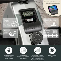 Rudergerät mit LCD-Display und Tablet-Halterung. Zeigt Werte für Zeit, Distanz, Ruderzüge und Kalorien an.