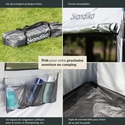 Transporttasche von Skandika auf grünem Rasen, neben einem Zelt mit aufgerollten Türen. Innentasche für Pflegeprodukte und isolierender Boden.