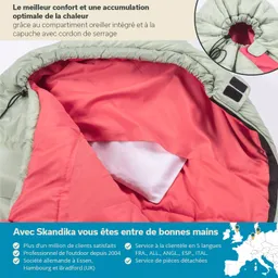 Innenseite eines Schlafsacks in Grün und Rot mit integriertem Kopfkissen und Kordelzug. Text beschreibt Komfort und Firmeninformationen.