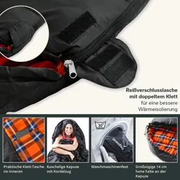 Schlafsack mit Reißverschluss, doppelter Klettverschluss und Innen-Tasche. Kapuze mit Kordelzug und Waschmaschinentest.