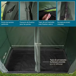 Zeltinnenseite mit Maßangaben für Breite (200 cm) und Höhe (150 cm), Trocknungsunterlage, Befestigungspunkten und Reißverschlüssen.