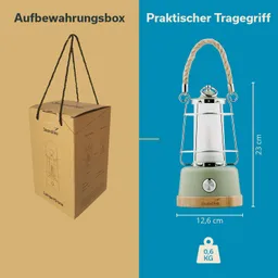 Auf der linken Seite ist eine Aufbewahrungsbox zu sehen, die einen Tragegriff hat. Auf der rechten Seite befindet sich eine Lampe mit einem praktischen Tragegriff, vielzählig und im unteren Bereich aus Holz. Dimensionen sind angegeben.