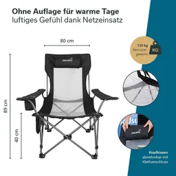 Klappstuhl mit Netzbezug, abnehmbares Kopfkissen und Armlehnen, Maße: 80 cm Breite, 89 cm Höhe, 40 cm Sitztiefe, 120 kg max. Gewicht.