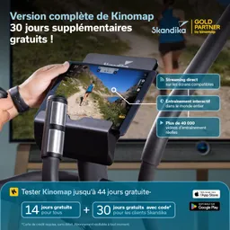 Ein Fitnessgerät mit einem Tablet, das eine Lauf-App zeigt, neben Textinformationen über kostenlose Testzeiträume und Funktionen.