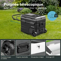 Ein Kühlschrank mit Teleskopgriff und Rädern steht auf grünem Gras. Halte- und Öffnungsmechanismen sind erkennbar.