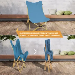 Klappstuhl mit blauer Sitzfläche, auf Holzuntergrund vor einer Wand und Holzbank mit Kissen.