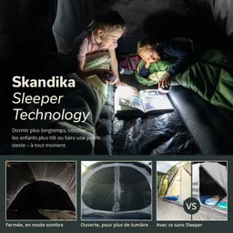 Zwei Kinder sitzen in einem Zelt mit Decken, lesen ein Buch und halten kleine Lampen. In der Ecke sind Zeltvarianten abgebildet.