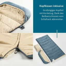 Schlafsack in Blau und Beige, mit abnehmbarem Kissen. Detailansicht des Reißverschlusses und der Füllung. Kissen separat daneben.