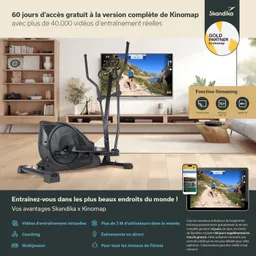 Kraftstation im Wohnraum mit einem Fernseher im Hintergrund, auf dem ein Lauftraining gezeigt wird. Neben der Station ein Tablet.