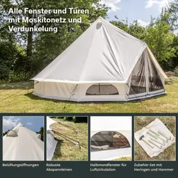 Zelt in heller Farbe mit Moskitonetz und Verdunkelung, umgeben von Gras und Bäumen. In der Ecke Details zu Zubehör.