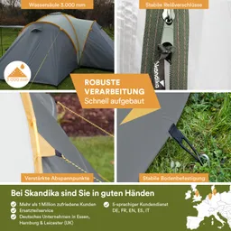 Zelt mit grauer Außenhaut, stabilen Reißverschlüssen und Abspannpunkten. Informationen zu Verarbeitung und Kundenservice eingeblendet.