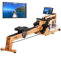 Rudermaschine aus Holz mit einem Wasserbehälter, Bildschirm und Tablet-Halterung im Hintergrund zeigt eine Ruder-Szene.