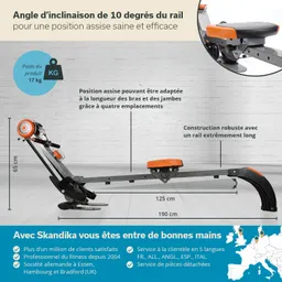 Rudergerät mit höhenverstellbarem Sitz und stabilen Schienen. Maße: 190 cm lang, 65 cm hoch, 125 cm breit.