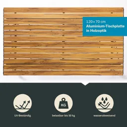 Aluminium-Tischplatte in Holzoptik, 120 x 70 cm, mit Icons für UV-Beständigkeit, Belastbarkeit und Wasserabweisenheit.