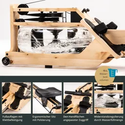 Rudergerät aus Holz mit Wassertank, ergonomischem Sitz und verstellbaren Fußauflagen. Wasser im Tank ist sichtbar.